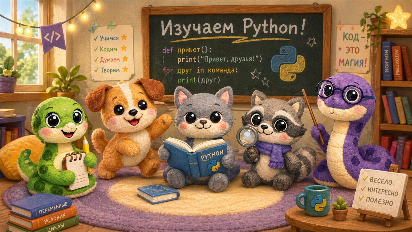 Пайтландия: персонажи изучают Python у доски